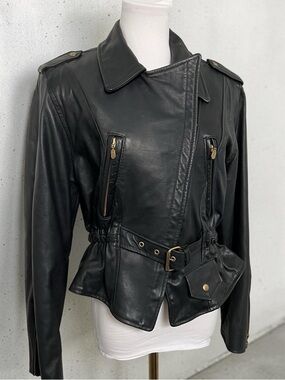Black Genuine Leather Jacket Lace Up Back Belted Moto Biker L